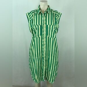 WE THE FREE GREEN STRIPE SHORT SLEEVE BUTTON COLLARED DRESS WITH POCKETS